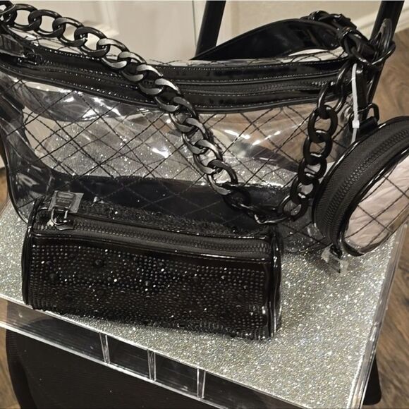 Steve Madden Clear/Black Crossbody Bag w/ Rhinestone Pouch & Round Coin Wallet - Picture 7 of 11